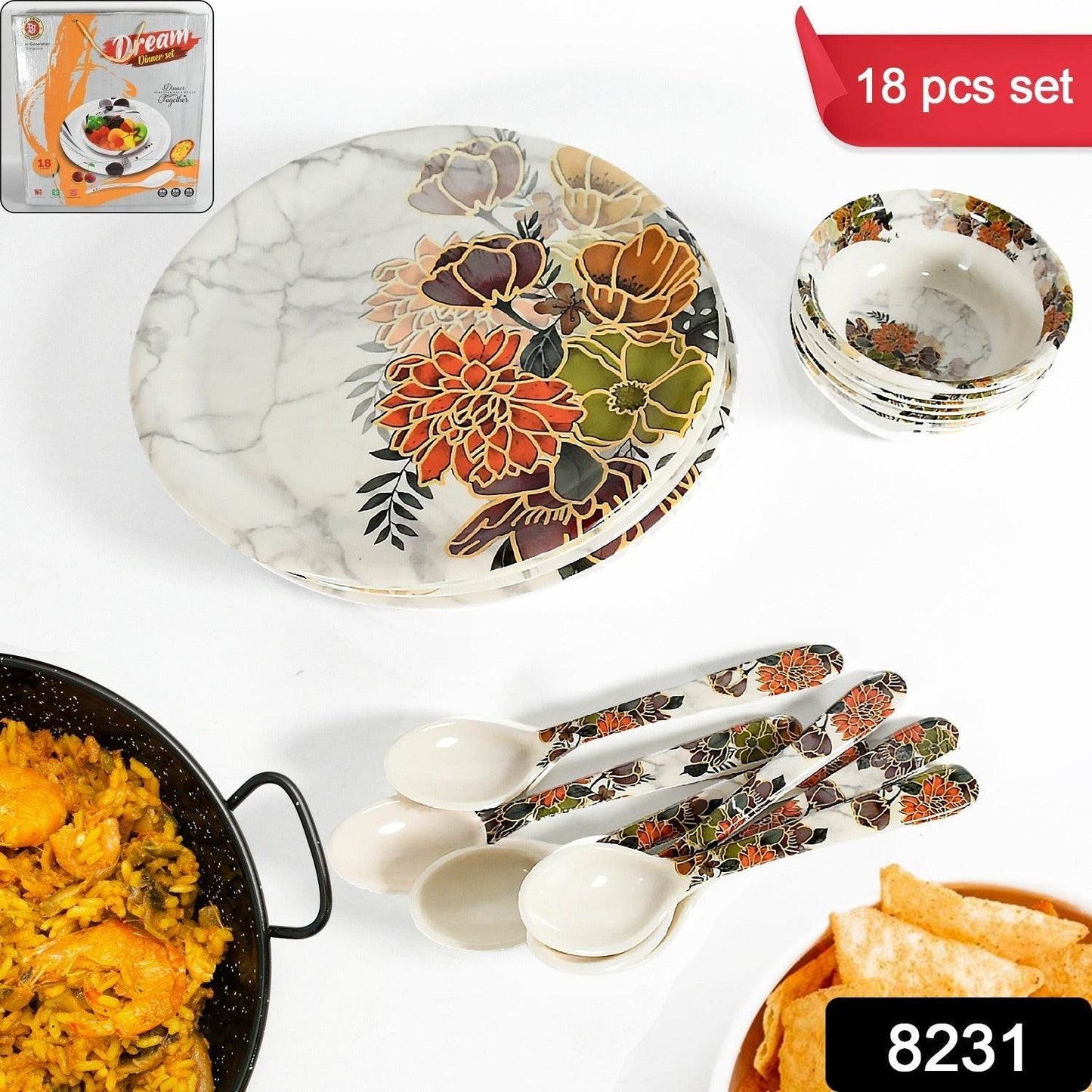 Dream High Quality plastic Dinning Dinner set with Unique Flower Design Printed, 6 pc Plates, 6 pc Bowls and 6 pc Serving Spoon, Lightweight Round Plates and Bowls, Microwave, and Dishwasher Safe (18 Pcs set) - infinityexculsivestore.com