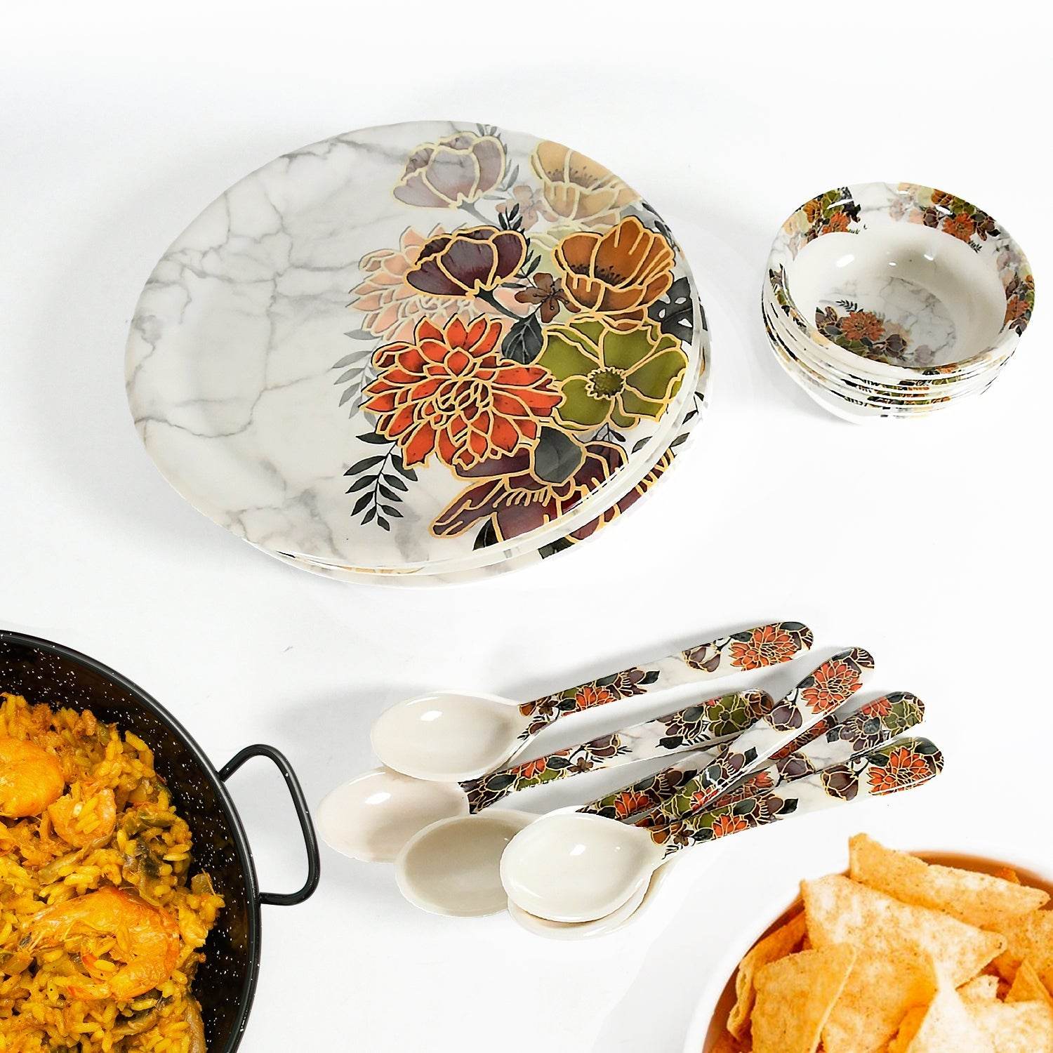 Dream High Quality plastic Dinning Dinner set with Unique Flower Design Printed, 6 pc Plates, 6 pc Bowls and 6 pc Serving Spoon, Lightweight Round Plates and Bowls, Microwave, and Dishwasher Safe (18 Pcs set) - infinityexculsivestore.com