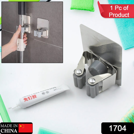 Stainless Steel Mop Broom Holder Organizer, With Glue 6gm Adhesive Wall Mounted Mop Organizer Storage Rack Clip Heavy Duty Broom Hanger for Laundry Room Garden Tool Holder Bathroom Accessories (1 Pc) - infinityexculsivestore.com