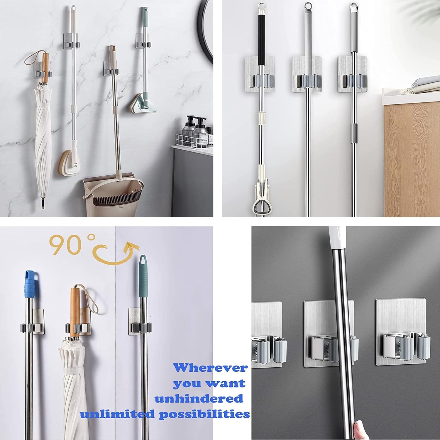 Stainless Steel Mop Broom Holder Organizer, With Glue 6gm Adhesive Wall Mounted Mop Organizer Storage Rack Clip Heavy Duty Broom Hanger for Laundry Room Garden Tool Holder Bathroom Accessories (1 Pc) - infinityexculsivestore.com