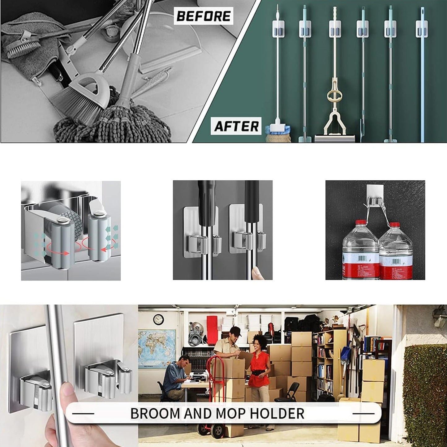 Stainless Steel Mop Broom Holder Organizer, With Glue 6gm Adhesive Wall Mounted Mop Organizer Storage Rack Clip Heavy Duty Broom Hanger for Laundry Room Garden Tool Holder Bathroom Accessories (1 Pc) - infinityexculsivestore.com