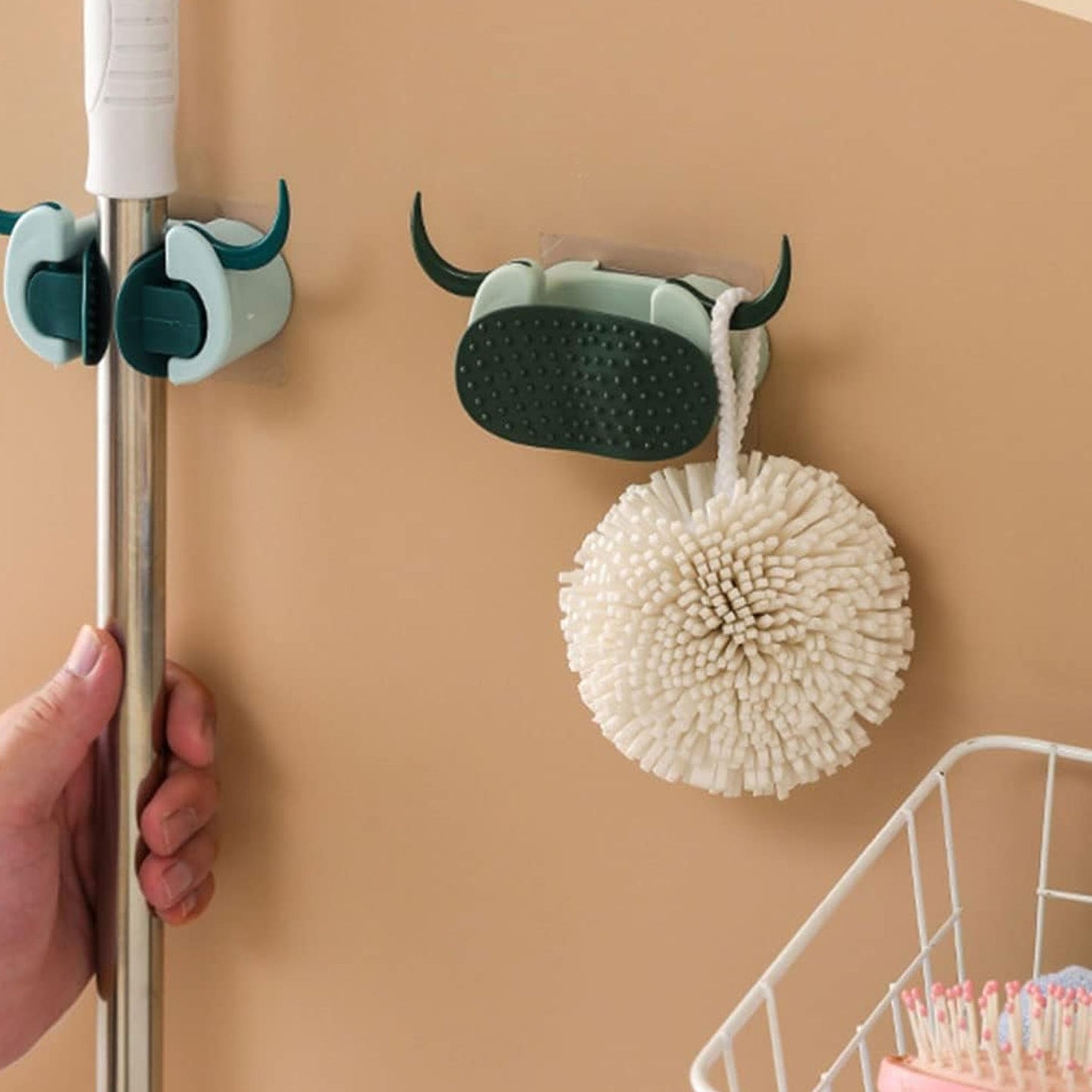 Multifunctional Cartoon Sticky Punch Free Mop Holder Wall Mounted Broom Organizer Cleaning Tools Holder Hanger, Self Adhesive Cute Cow Head Suction Cup Hanging Hook for Bathroom Kitchen (1 Pc) - infinityexculsivestore.com