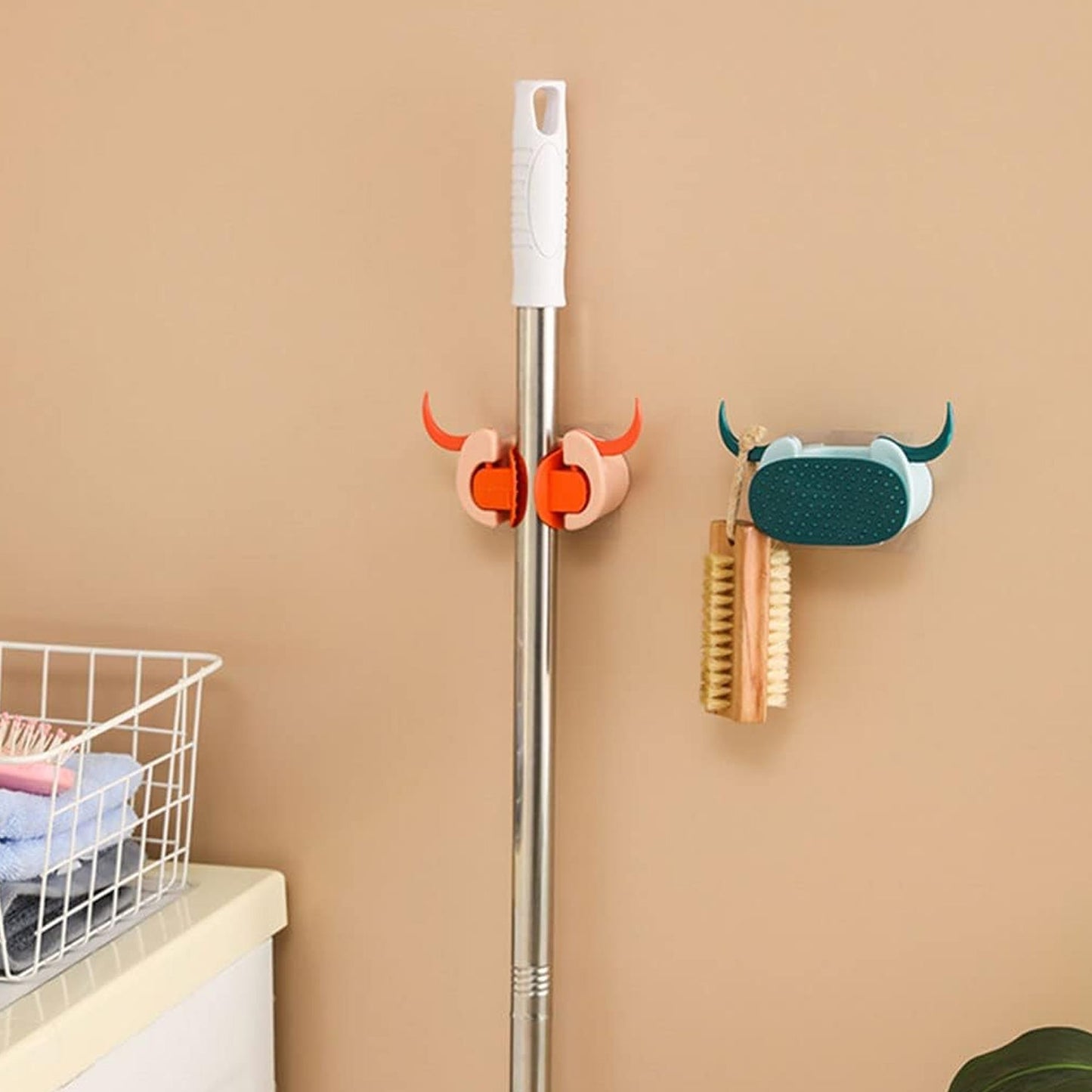 Multifunctional Cartoon Sticky Punch Free Mop Holder Wall Mounted Broom Organizer Cleaning Tools Holder Hanger, Self Adhesive Cute Cow Head Suction Cup Hanging Hook for Bathroom Kitchen (1 Pc) - infinityexculsivestore.com