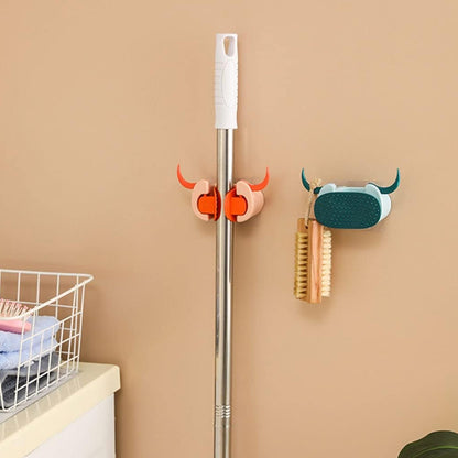 Multifunctional Cartoon Sticky Punch Free Mop Holder Wall Mounted Broom Organizer Cleaning Tools Holder Hanger, Self Adhesive Cute Cow Head Suction Cup Hanging Hook for Bathroom Kitchen (1 Pc) - infinityexculsivestore.com