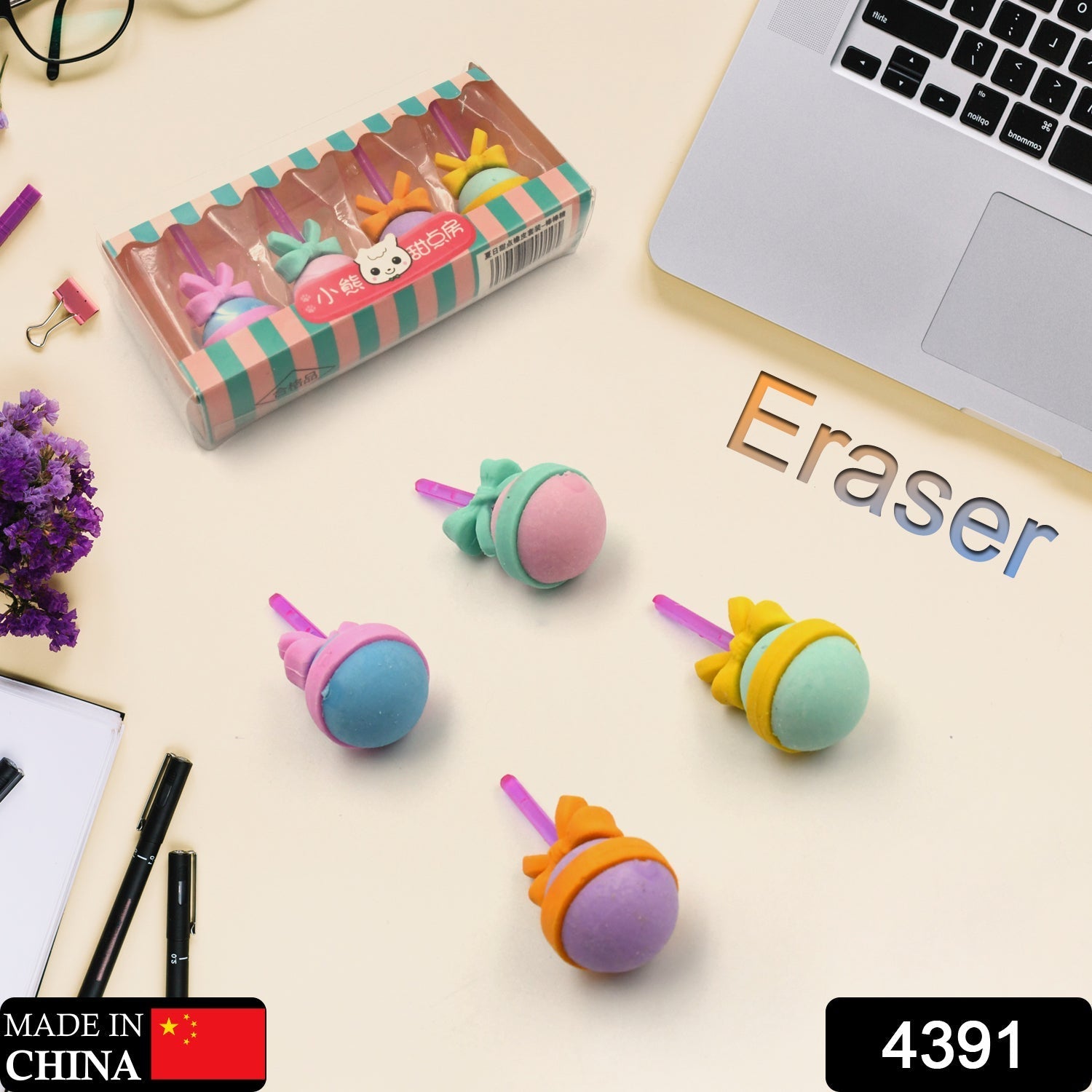 Lolipop Eraser for Girls & Boys / Eraser for School B'Day Return Gift Party Doughnut Lollipop Ice Cream Theme Shape Erasers Set for Kids Educational Stationary kit, School Supplies (1 Set 4 Pc) - infinityexculsivestore.com