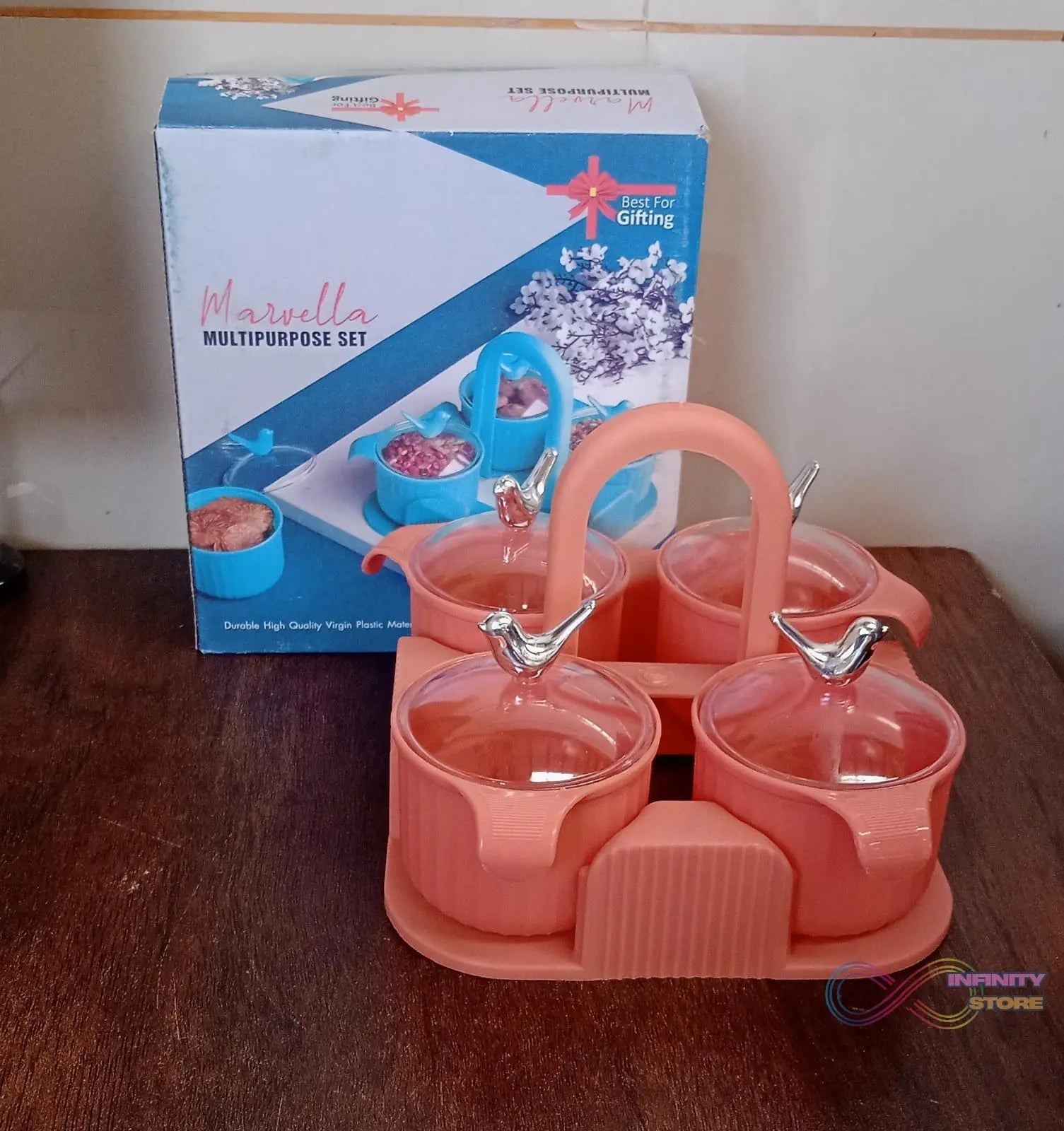 Multipurpose Silver Sparrow, Jar Dry fruit Set, for Home and Kitchen Airtight Dry Fruit Plastic Storage Container Tray Set With Lid & 4 Serving Jar Container for Sweets, Chips, Cookies | (4 Pc Set) - infinityexculsivestore.com