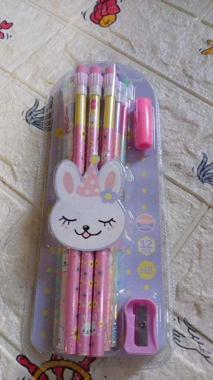 Cute Rabbit Bear Drawing Graphite Writing Pencil Set with Pencil Sharpener & Eraser, Pencil and Eraser Set with Eraser for Kids, for Girls, Fancy School Stationary, Birthday Party Return Gift (14 Pc Set) - infinityexculsivestore.com