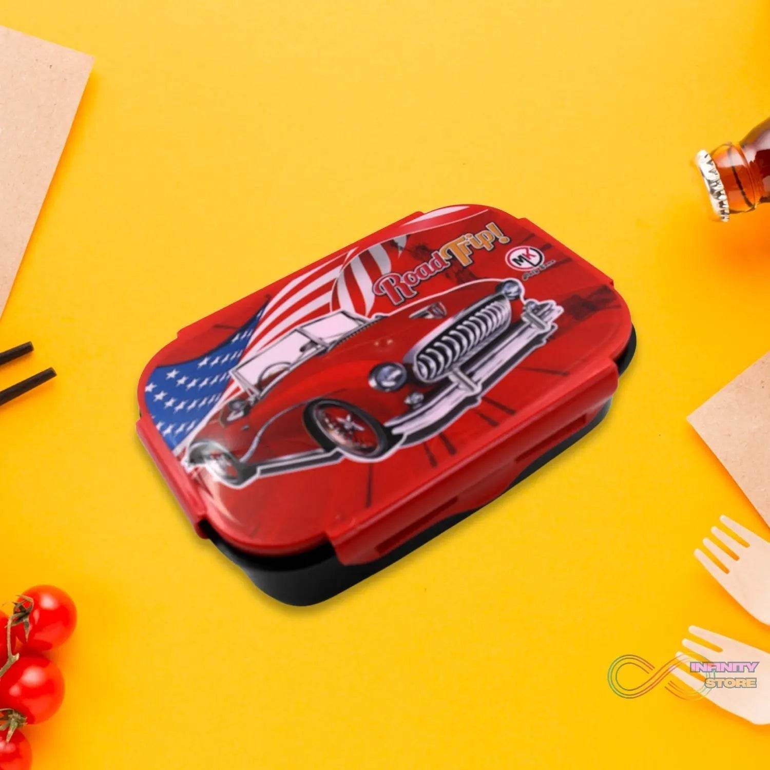 Beautiful Car Design Printed Plastic Lunch Box With Inside Small Box & Spoon for Kids, Air Tight Lunch Tiffin Box for Girls Boys, Food Container, Specially Designed for School Going Boys and Girls - infinityexculsivestore.com