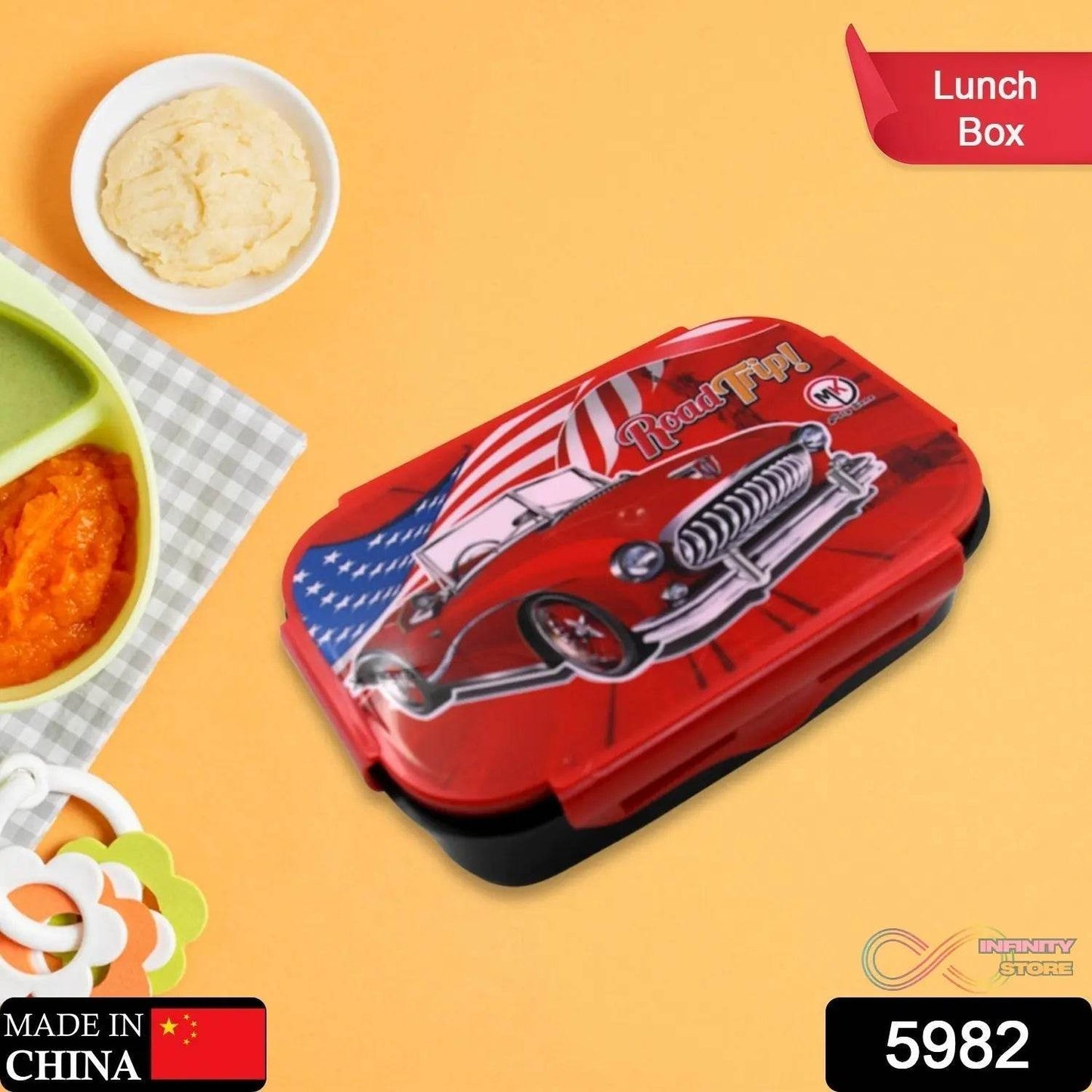 Beautiful Car Design Printed Plastic Lunch Box With Inside Small Box & Spoon for Kids, Air Tight Lunch Tiffin Box for Girls Boys, Food Container, Specially Designed for School Going Boys and Girls - infinityexculsivestore.com