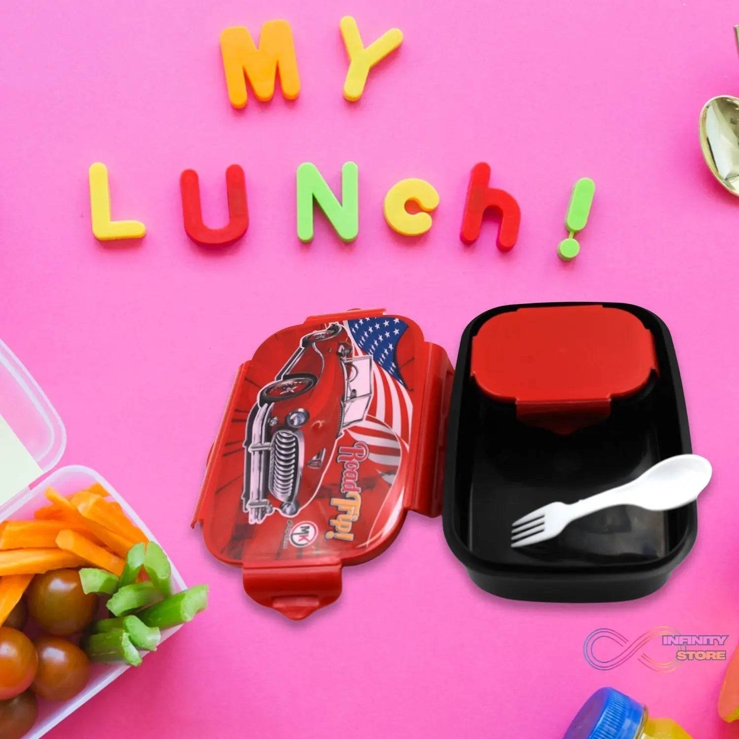 Beautiful Car Design Printed Plastic Lunch Box With Inside Small Box & Spoon for Kids, Air Tight Lunch Tiffin Box for Girls Boys, Food Container, Specially Designed for School Going Boys and Girls - infinityexculsivestore.com