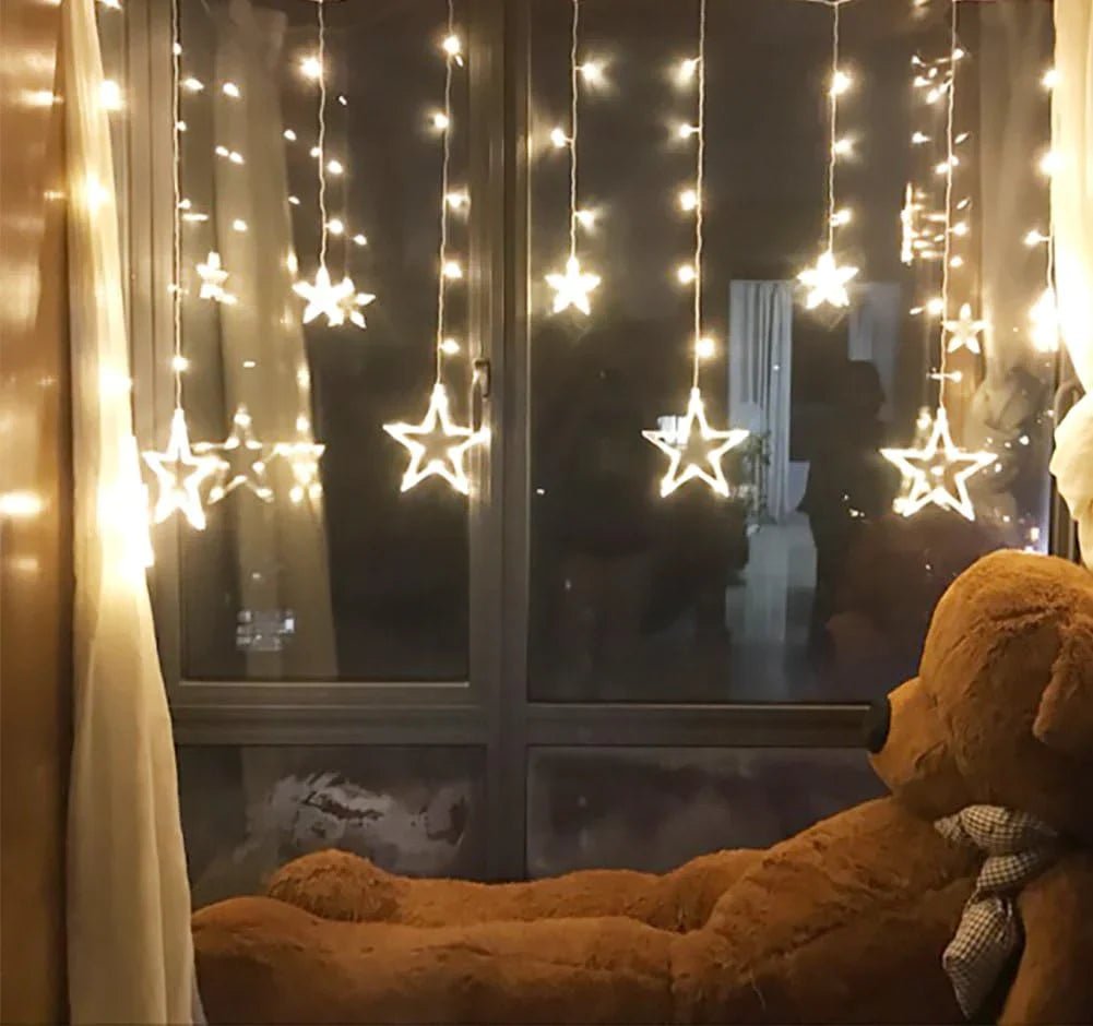 12 Stars LED Curtain String Lights with 8 Flashing Modes for Home Decoration, Diwali & Wedding LED Christmas Light Indoor and Outdoor Light ,Festival Decoration (Warm White / With Box) - infinityexculsivestore.com