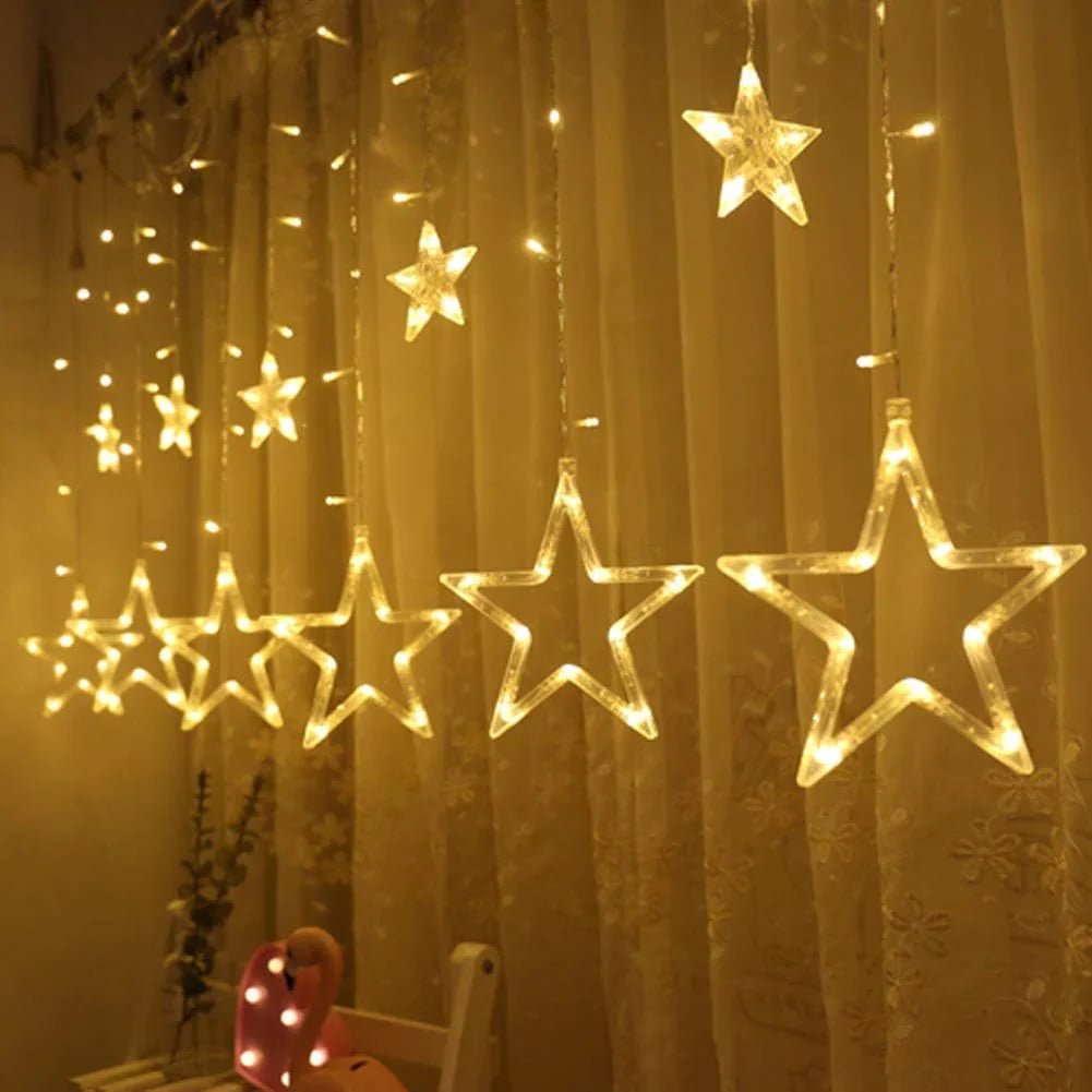 12 Stars LED Curtain String Lights with 8 Flashing Modes for Home Decoration, Diwali & Wedding LED Christmas Light Indoor and Outdoor Light ,Festival Decoration (Warm White / With Box) - infinityexculsivestore.com