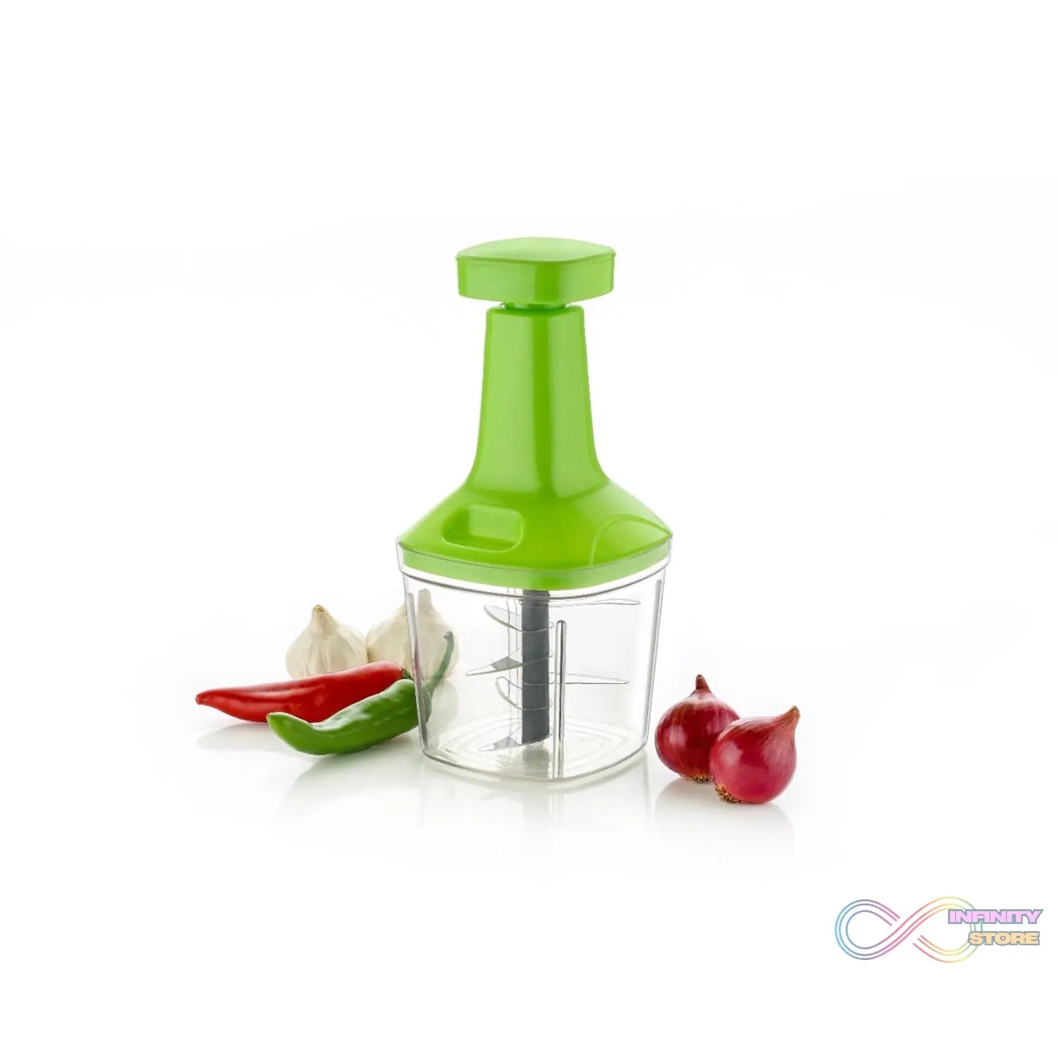 Push N Chop 1100 ML vegetable chopper showing multiple blades and compact design