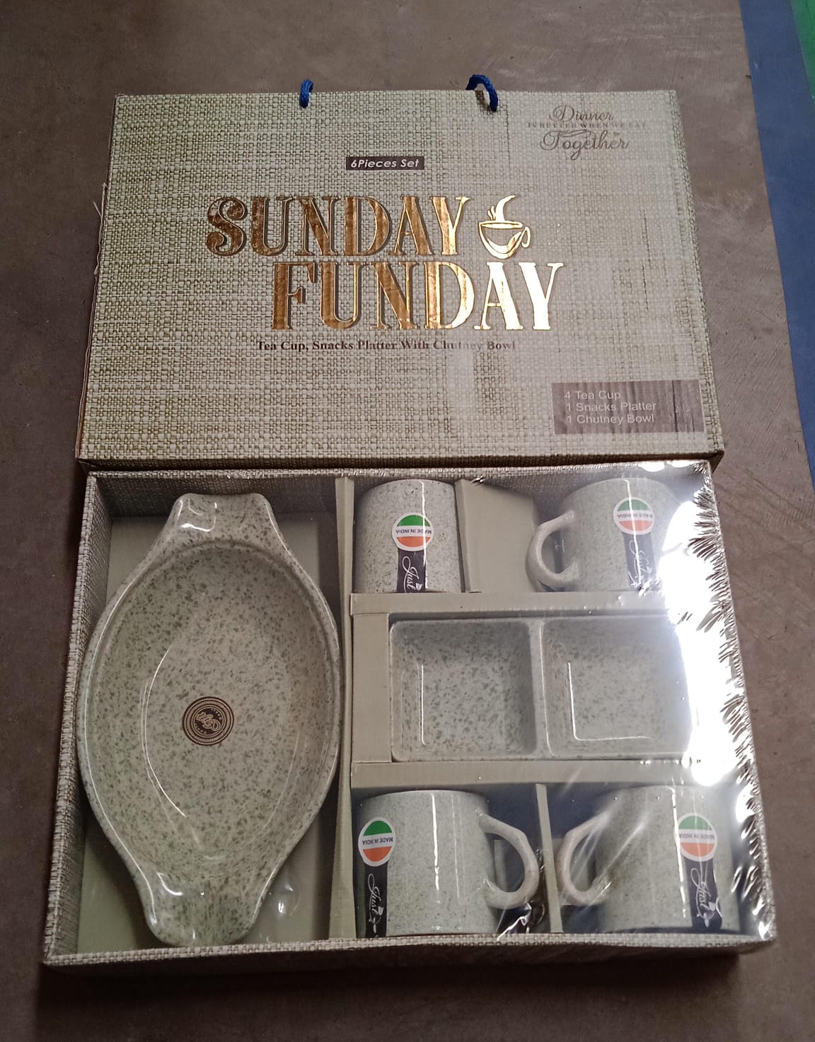 Sunday Funday Ceramic Tea / cups / Mug With Plastic Snacks Platter and 2 compartment Chutney Bowl Milk Cup, Coffee Cup, Breakfast Cup, Drinking Mug or Outdoor for Household, Gift for Birthday, Wedding Party (6 Pcs set) - infinityexculsivestore.com
