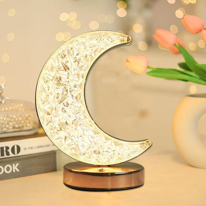 Crystal Table Lamp | Moon Shape Touch Control Lamp with 3 Color | Metal Bedside Lamp for Kids Bedroom Romantic Desktop Nightstand | Stepless Dimming USB Charging Touch Night Light - infinityexculsivestore.com