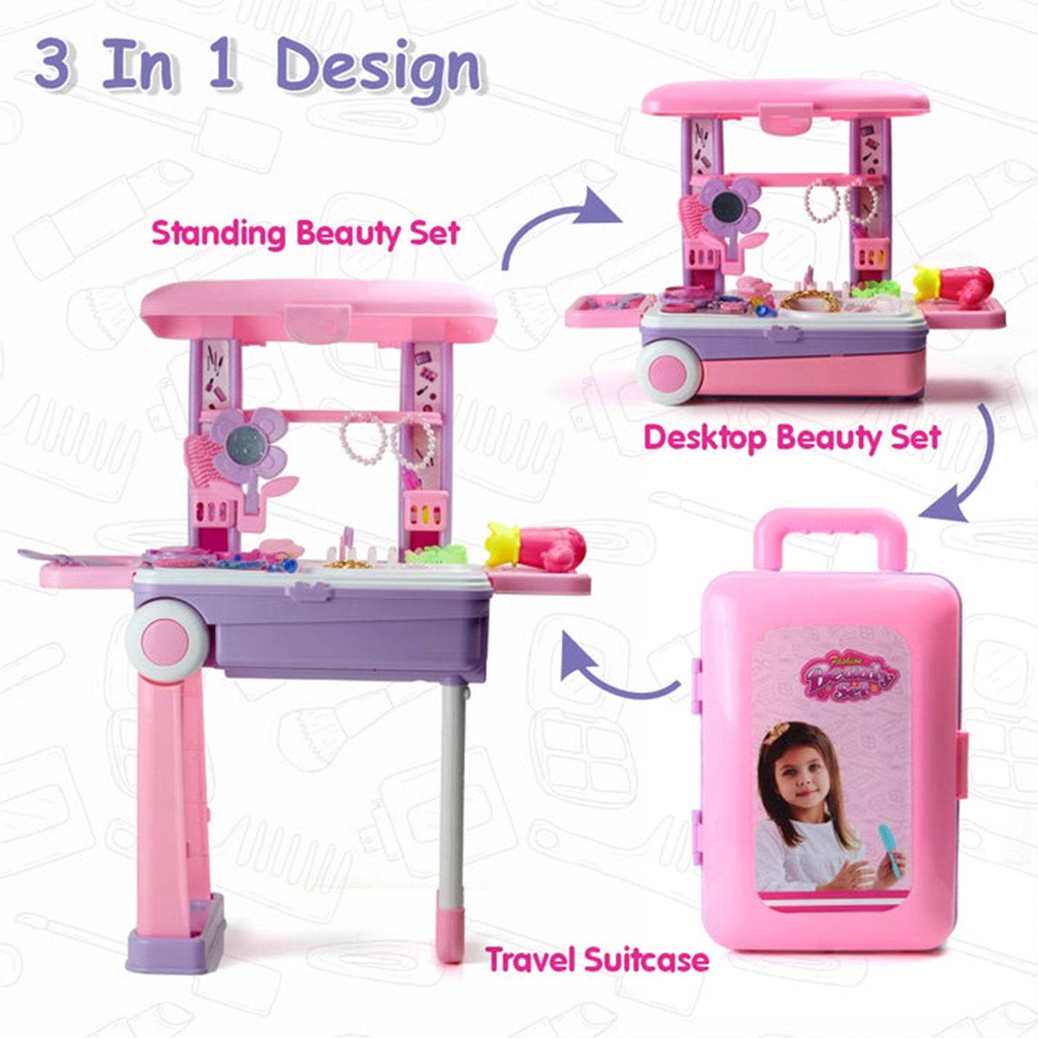 Big Beauty Set Suitcase On Wheel, The Ultimate Beauty Set On Wheels for Girls, Makeup Kit is Easy to Clean & Use, Portable Beauty Set with 25 Pieces for 3 Years BIS Approved. (Beauty Set Trolley) - infinityexculsivestore.com