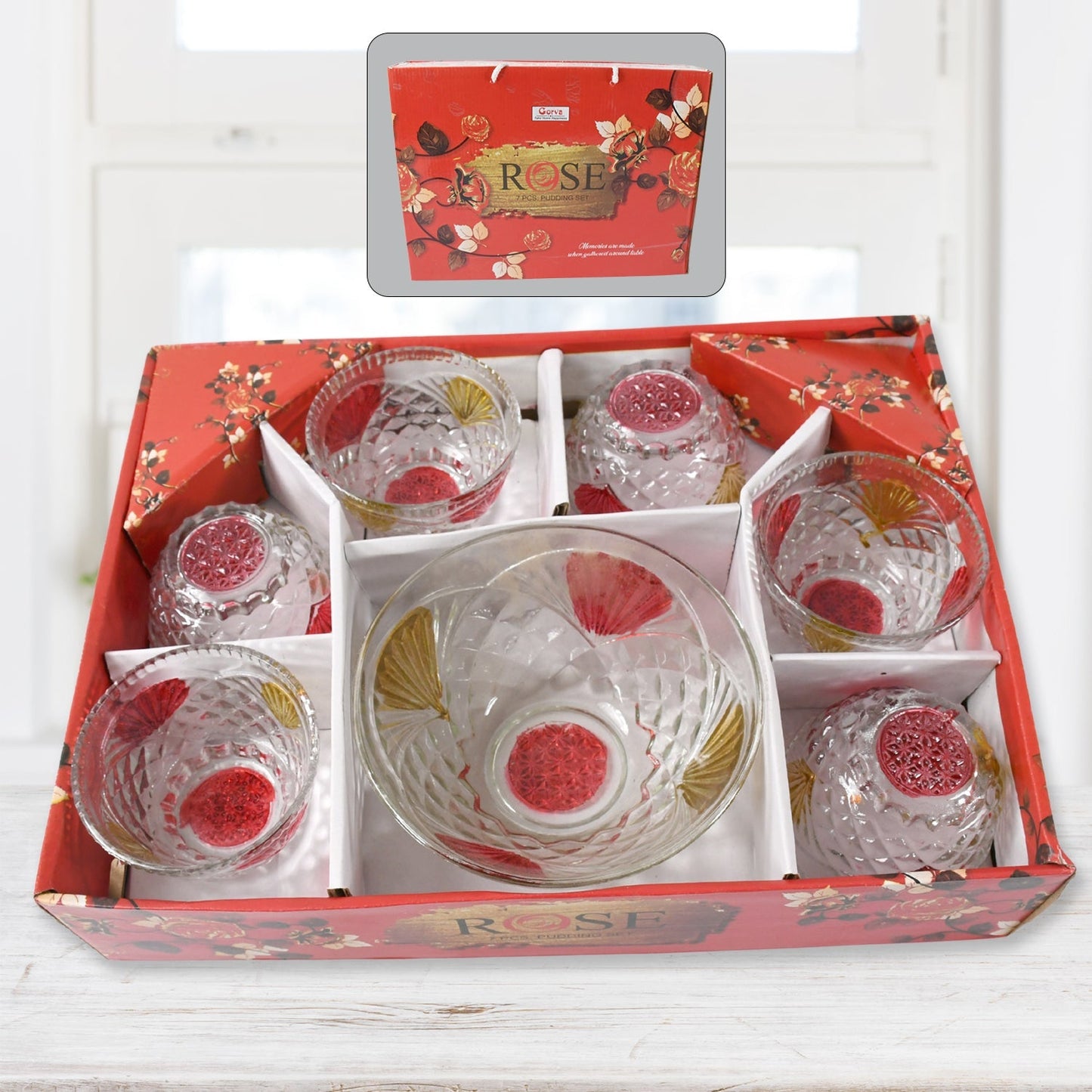Rose glass Multipurpose Pudding / Dessert / Ice Cream Bowl Set for Home use, Home & Kitchen Serving Bowl for Sundae, Sweets, Snacks, Fruit, Pudding, Nuts or Dip, Serving Bowls 6 Medium & 1 Big Bowl (Set of 7 pc) - infinityexculsivestore.com