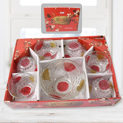 Rose glass Multipurpose Pudding / Dessert / Ice Cream Bowl Set for Home use, Home & Kitchen Serving Bowl for Sundae, Sweets, Snacks, Fruit, Pudding, Nuts or Dip, Serving Bowls 6 Medium & 1 Big Bowl (Set of 7 pc) - infinityexculsivestore.com