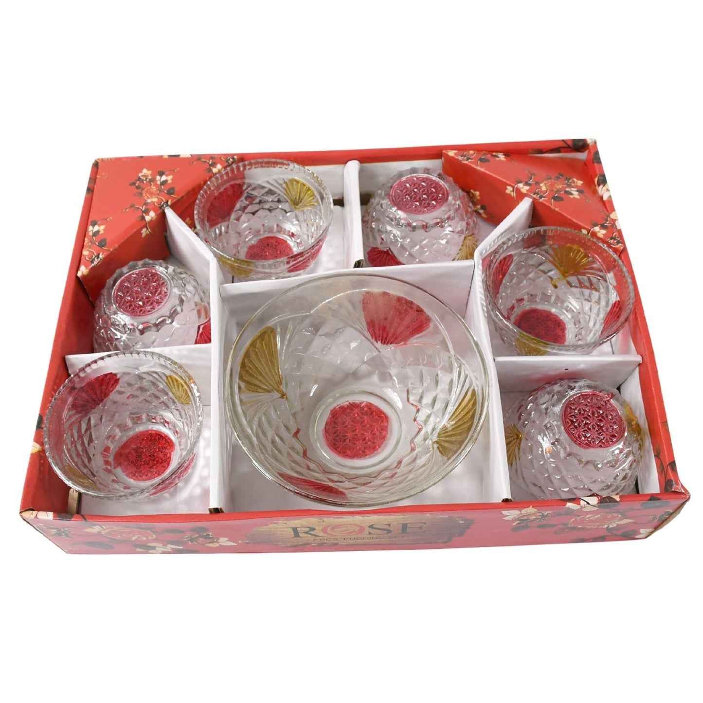 Rose glass Multipurpose Pudding / Dessert / Ice Cream Bowl Set for Home use, Home & Kitchen Serving Bowl for Sundae, Sweets, Snacks, Fruit, Pudding, Nuts or Dip, Serving Bowls 6 Medium & 1 Big Bowl (Set of 7 pc) - infinityexculsivestore.com