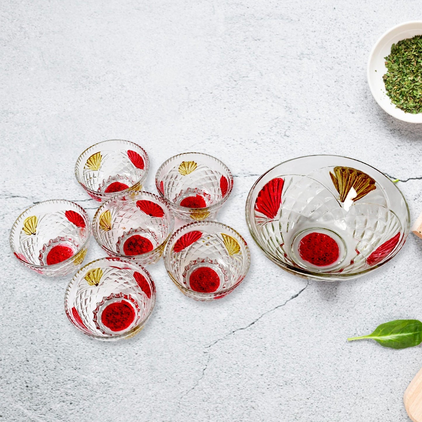 Rose glass Multipurpose Pudding / Dessert / Ice Cream Bowl Set for Home use, Home & Kitchen Serving Bowl for Sundae, Sweets, Snacks, Fruit, Pudding, Nuts or Dip, Serving Bowls 6 Medium & 1 Big Bowl (Set of 7 pc) - infinityexculsivestore.com