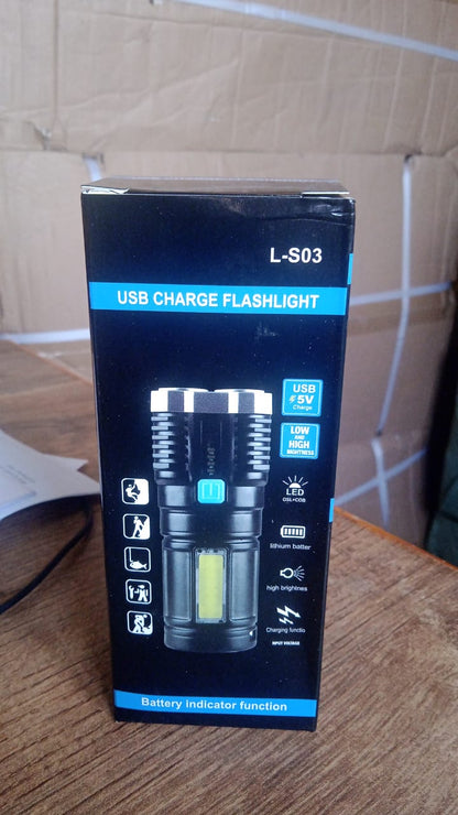 Multifunctional Strong 4 LED Torch Light, Portable Rechargeable Flashlight Long Distance Beam Range 800 Lumens COB Light 4 Mode Emergency for Hiking, Walking, Camping (4 LED Torch) - infinityexculsivestore.com