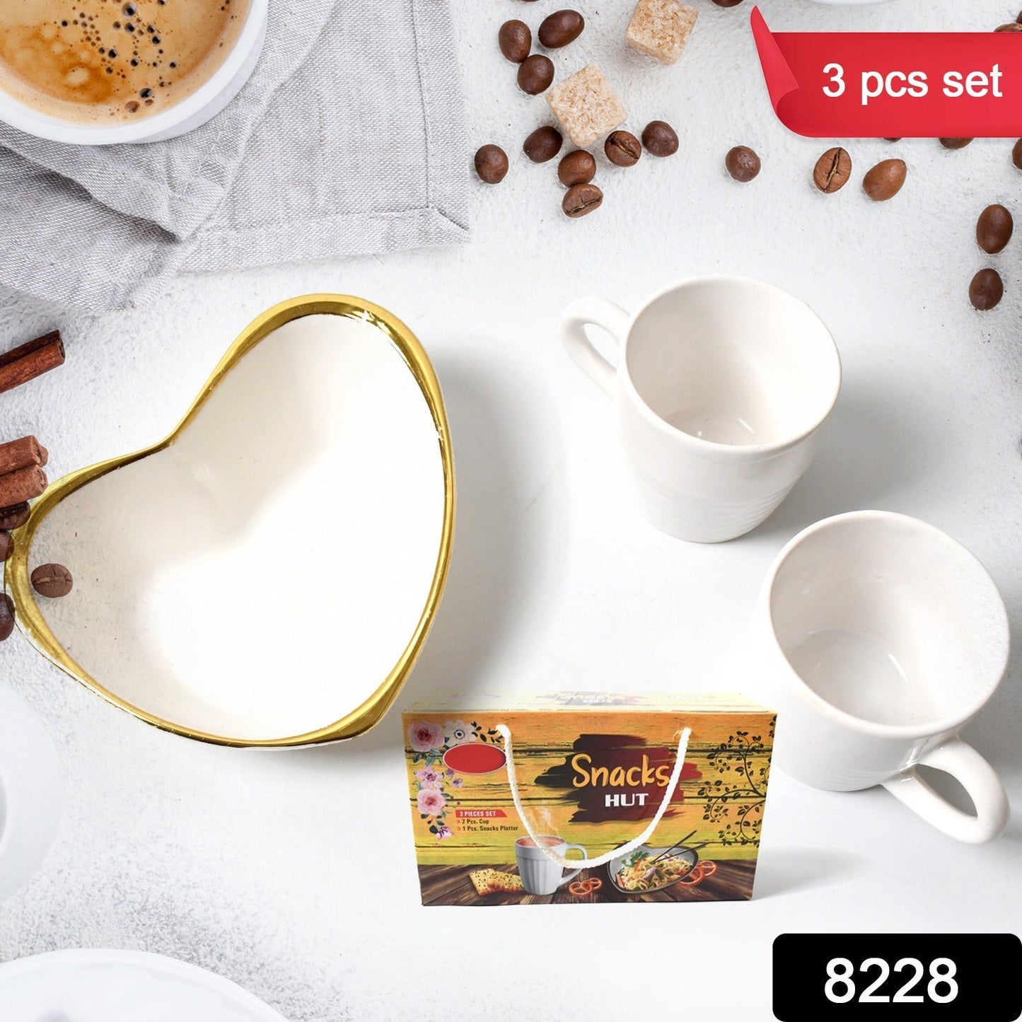 Snacks Hut Ceramic Tea / Cups Set With Heart Shape Plastic Serving Platter, Milk Cup / Mug, Coffee Cup, Tea Cup BPA Free Food Grade, or Outdoor for Household Gift For Birthday (3 Pcs Set) - infinityexculsivestore.com