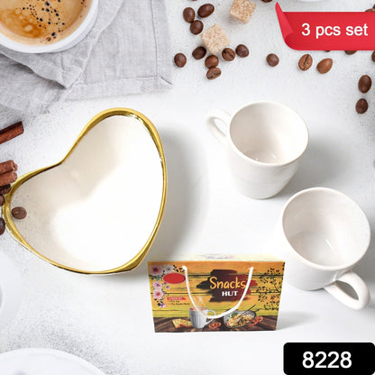 Snacks Hut Ceramic Tea / Cups Set With Heart Shape Plastic Serving Platter, Milk Cup / Mug, Coffee Cup, Tea Cup BPA Free Food Grade, or Outdoor for Household Gift For Birthday (3 Pcs Set) - infinityexculsivestore.com