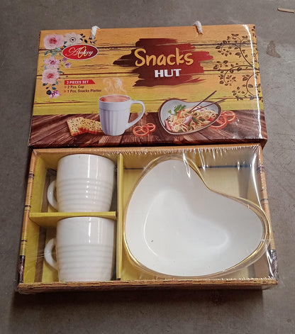 Snacks Hut Ceramic Tea / Cups Set With Heart Shape Plastic Serving Platter, Milk Cup / Mug, Coffee Cup, Tea Cup BPA Free Food Grade, or Outdoor for Household Gift For Birthday (3 Pcs Set) - infinityexculsivestore.com