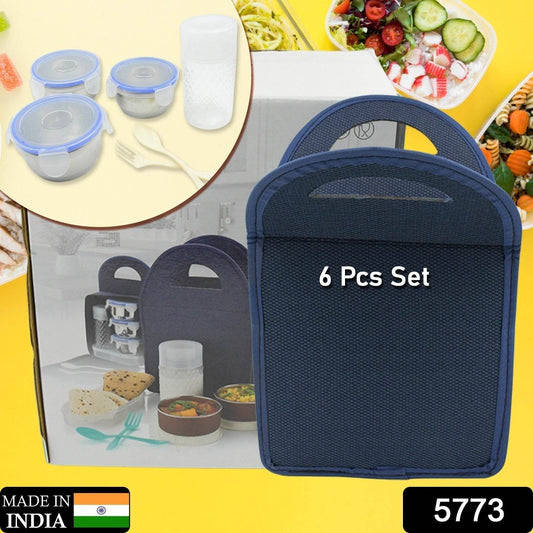 6In1 Tiffin Box-Lunch Box | 3 Stainless Steel Containers | Plastic lid Box | Spoon & Fork /Plastic Bottle | Insulated Fabric Bag | Leak Proof | Microwave Safe for Office, College and School for Men, Women (6 pcs) - infinityexculsivestore.com