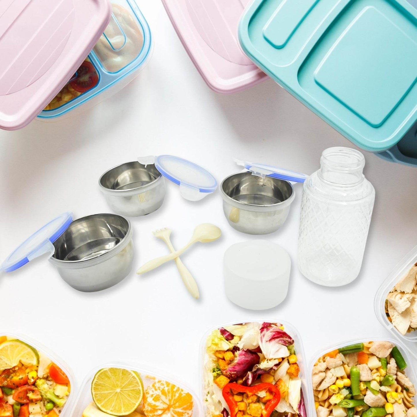 6In1 Tiffin Box-Lunch Box | 3 Stainless Steel Containers | Plastic lid Box | Spoon & Fork /Plastic Bottle | Insulated Fabric Bag | Leak Proof | Microwave Safe for Office, College and School for Men, Women (6 pcs) - infinityexculsivestore.com