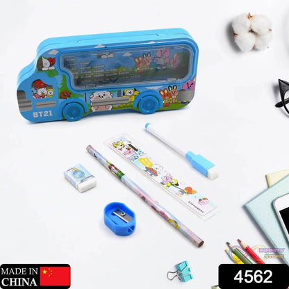 Bus Shape Compass Box for Boys, Kids School Accessories | Pencil Box with Wheels for Girls and Kids, String Operated Case Students School Supplies - Stationery Set Organizer Birthday Return Gift for Kids - infinityexculsivestore.com